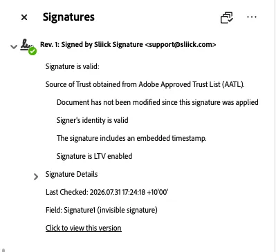 A Sliick Docs signed document opened in Adobe Acrobat: the signature is valid, its source of trust comes from the Adobe Approved Trust List, the document is unmodified since signing, and the signature carries an embedded timestamp and is LTV enabled