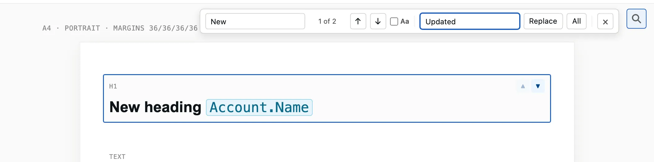 Find and replace in the template editor