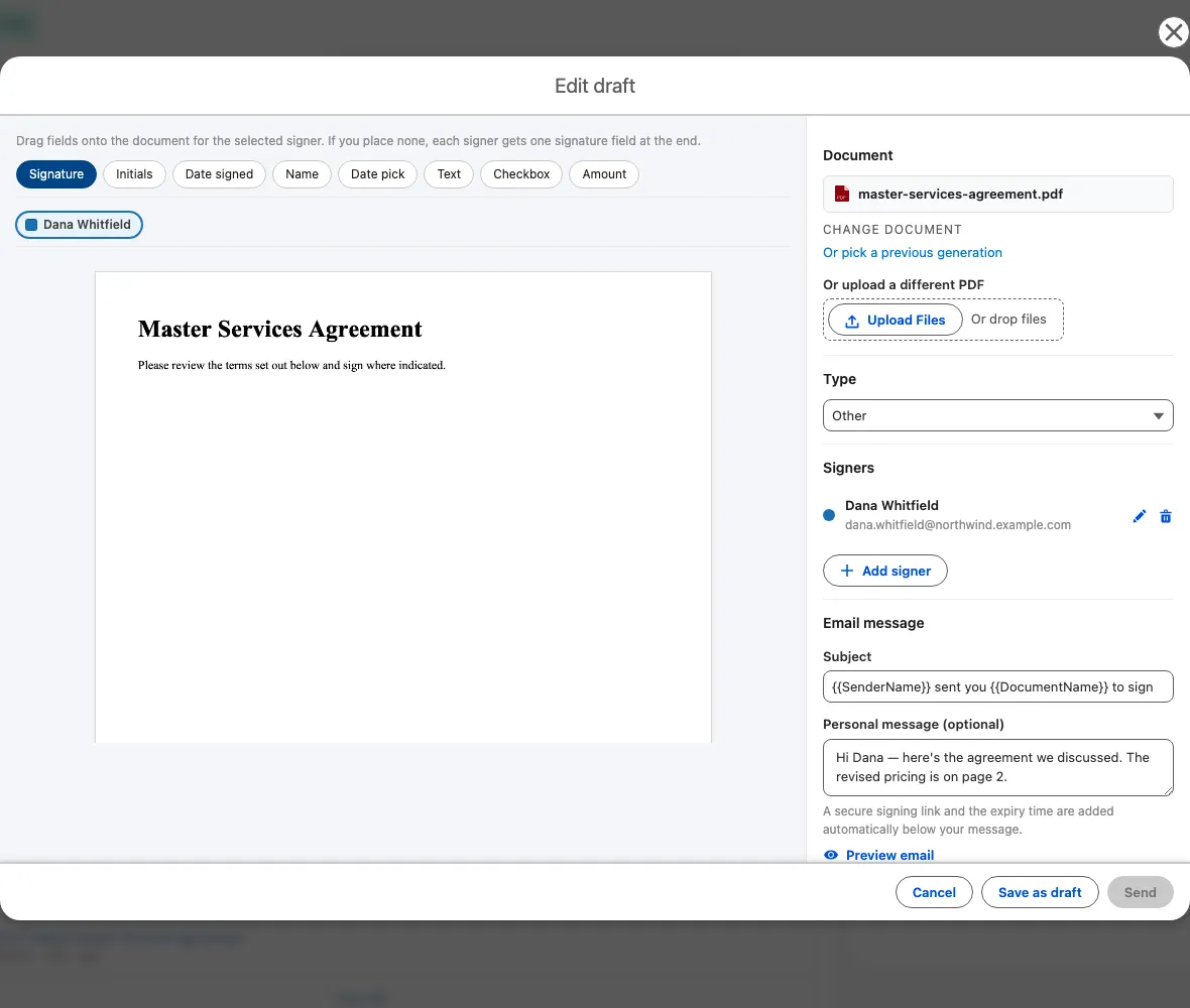 Composing a signature request, including the personal message and the email preview