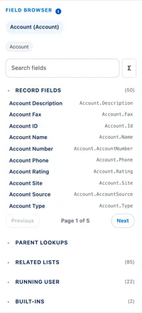 The Field Browser panel, with collapsible sections and field counts