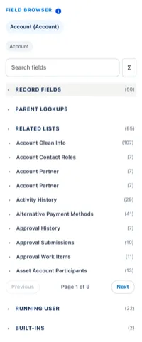 Browsing a record's related lists in the Field Browser