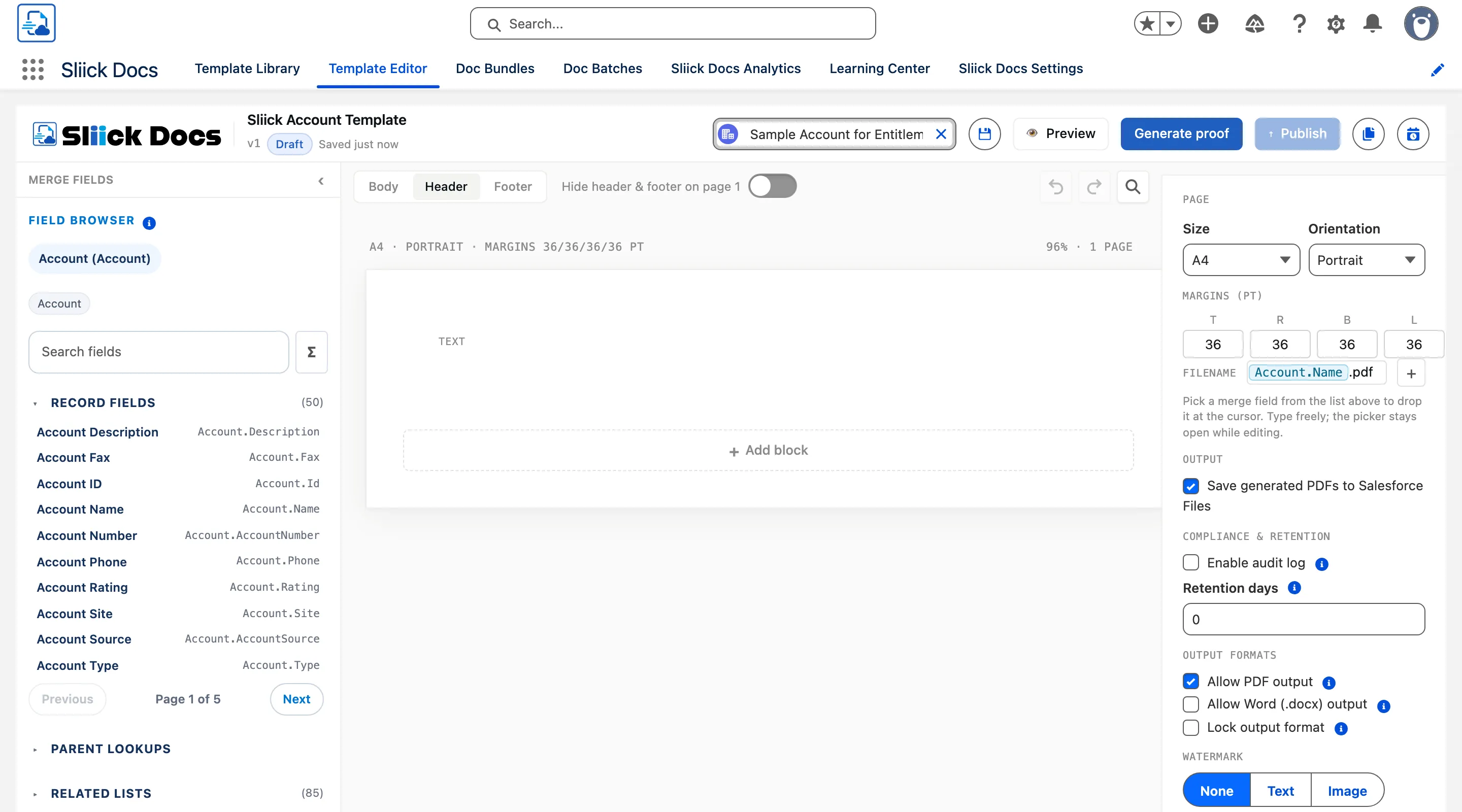 The template editor showing the Header surface active, with the Body/Header/Footer switcher and the "Hide header & footer on page 1" toggle