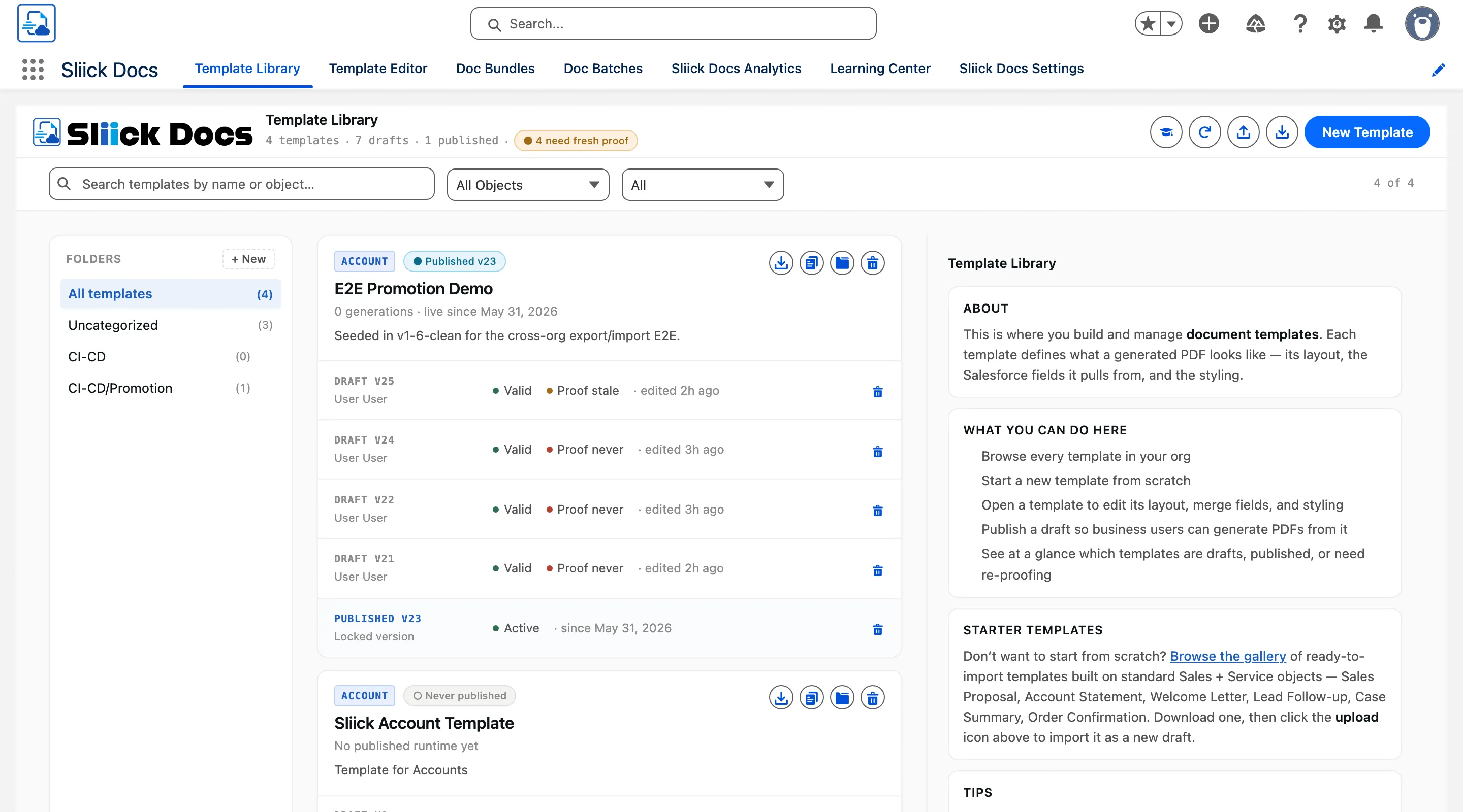 The Template Library showing export icons on each template card and the import button in the toolbar, alongside folder navigation