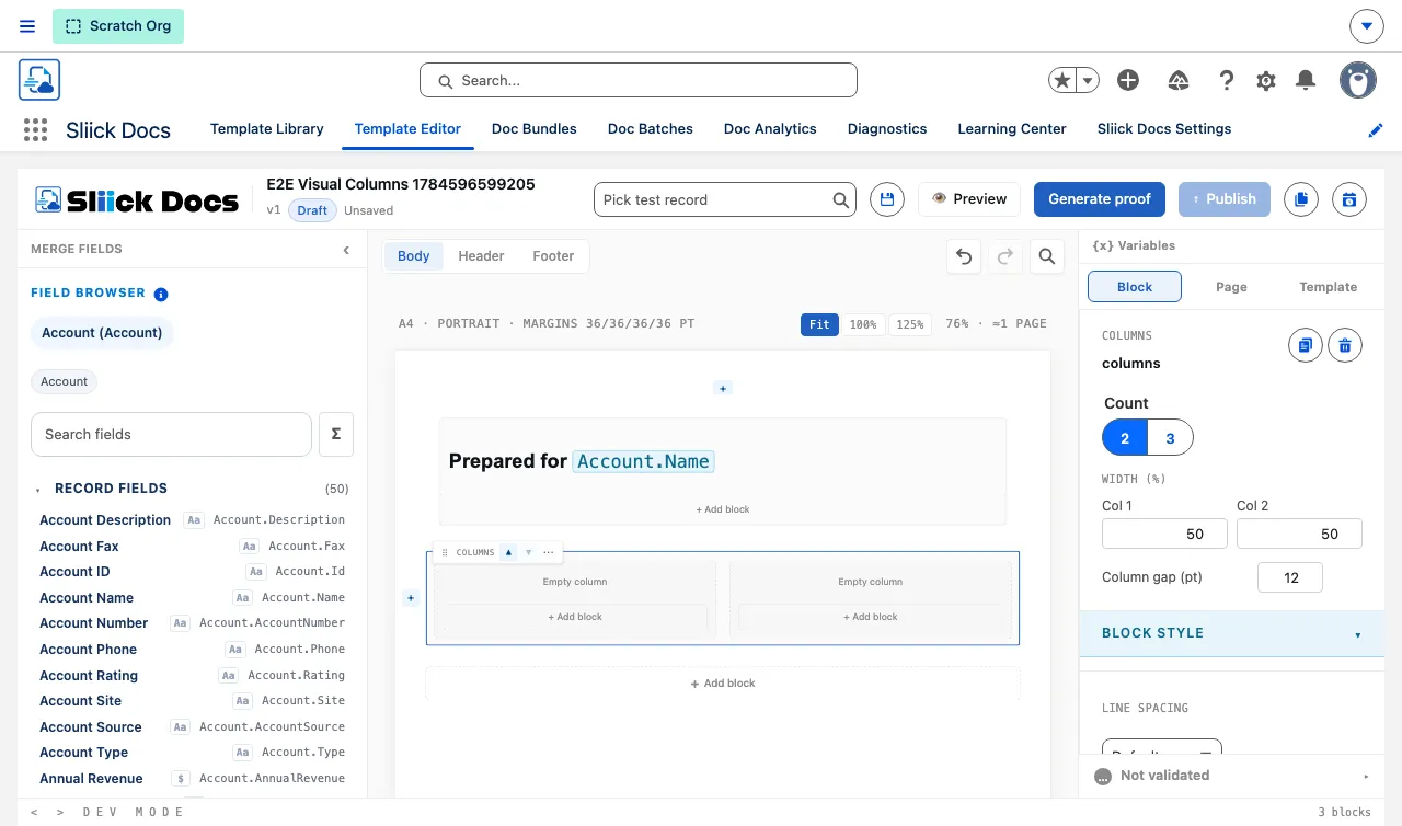 The redesigned template editor with tabbed settings and floating block controls