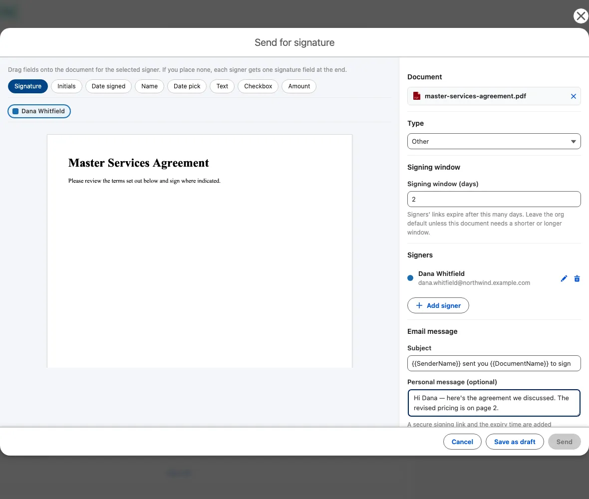 The send composer's email panel: the subject, the personal message, and the preview
