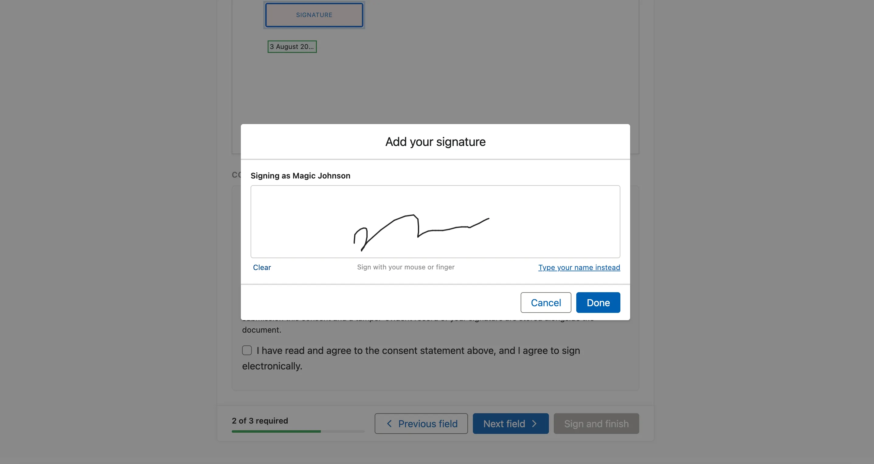 A signer adding their signature, guided by Previous field and Next field navigation