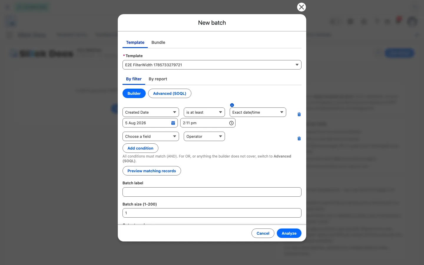 Building a batch filter field by field, with Advanced (SOQL) as an escape hatch