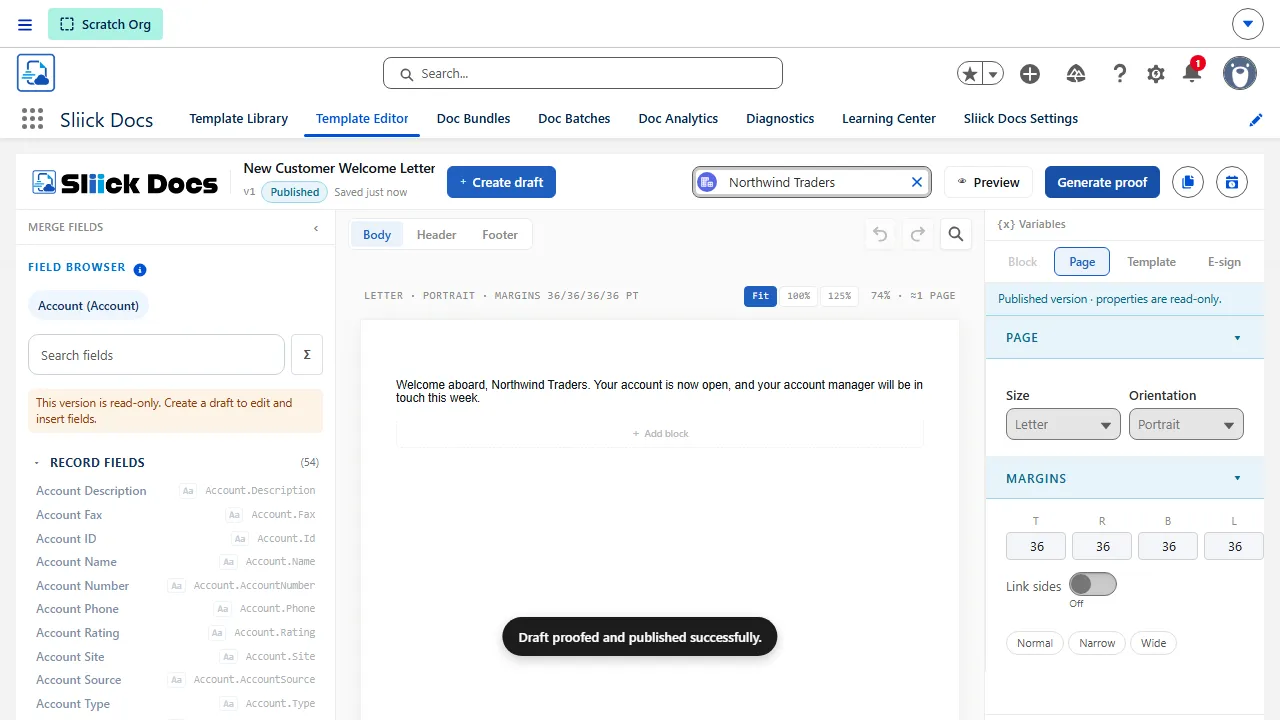 The Sliick Docs template editor: merge-field browser, live template canvas with Account fields, and output, compliance, and watermark settings