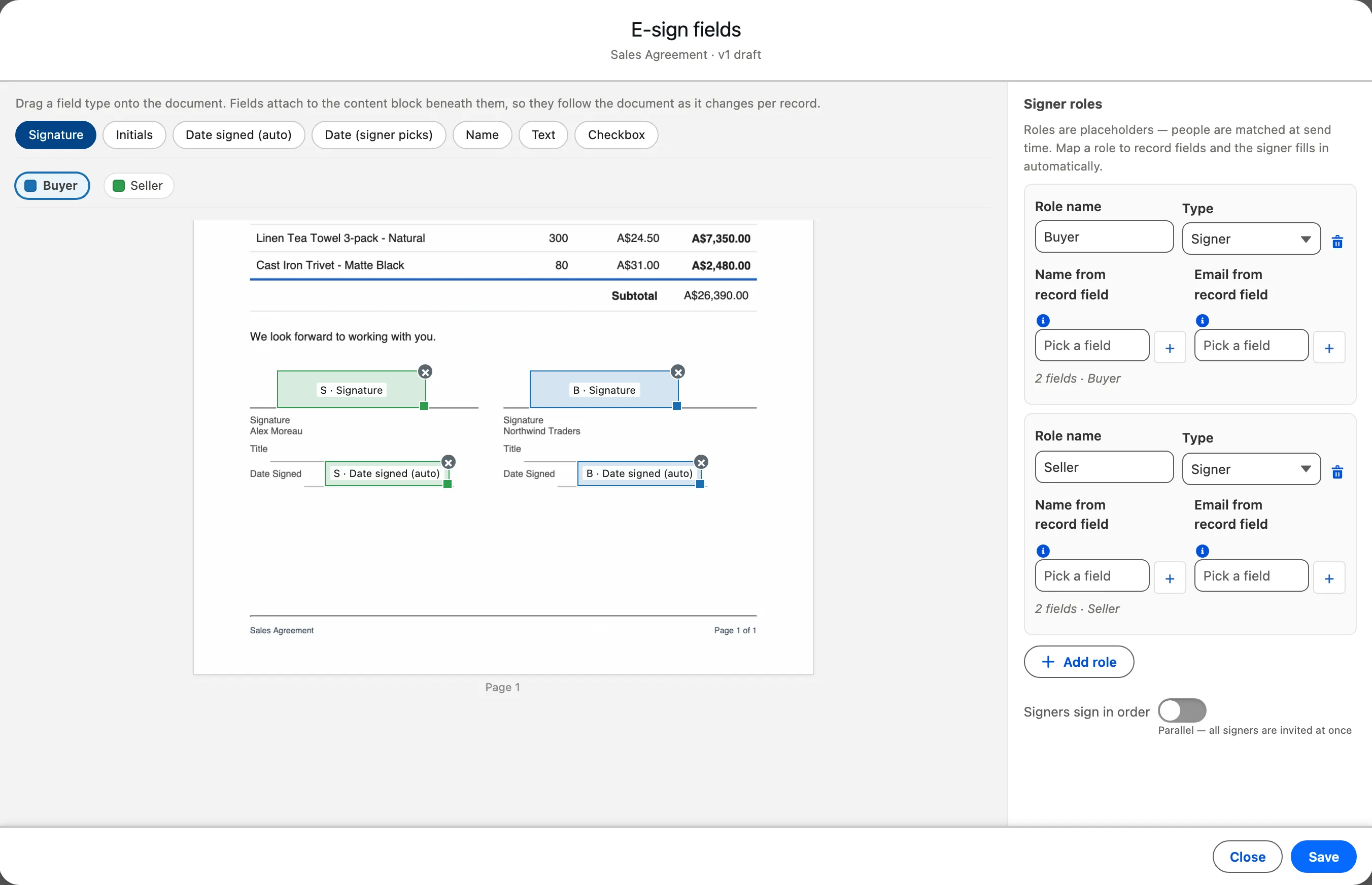 The E-sign fields designer: field types above the document, Signature and Date signed fields placed for the Buyer and Seller roles, and the Signer roles panel on the right