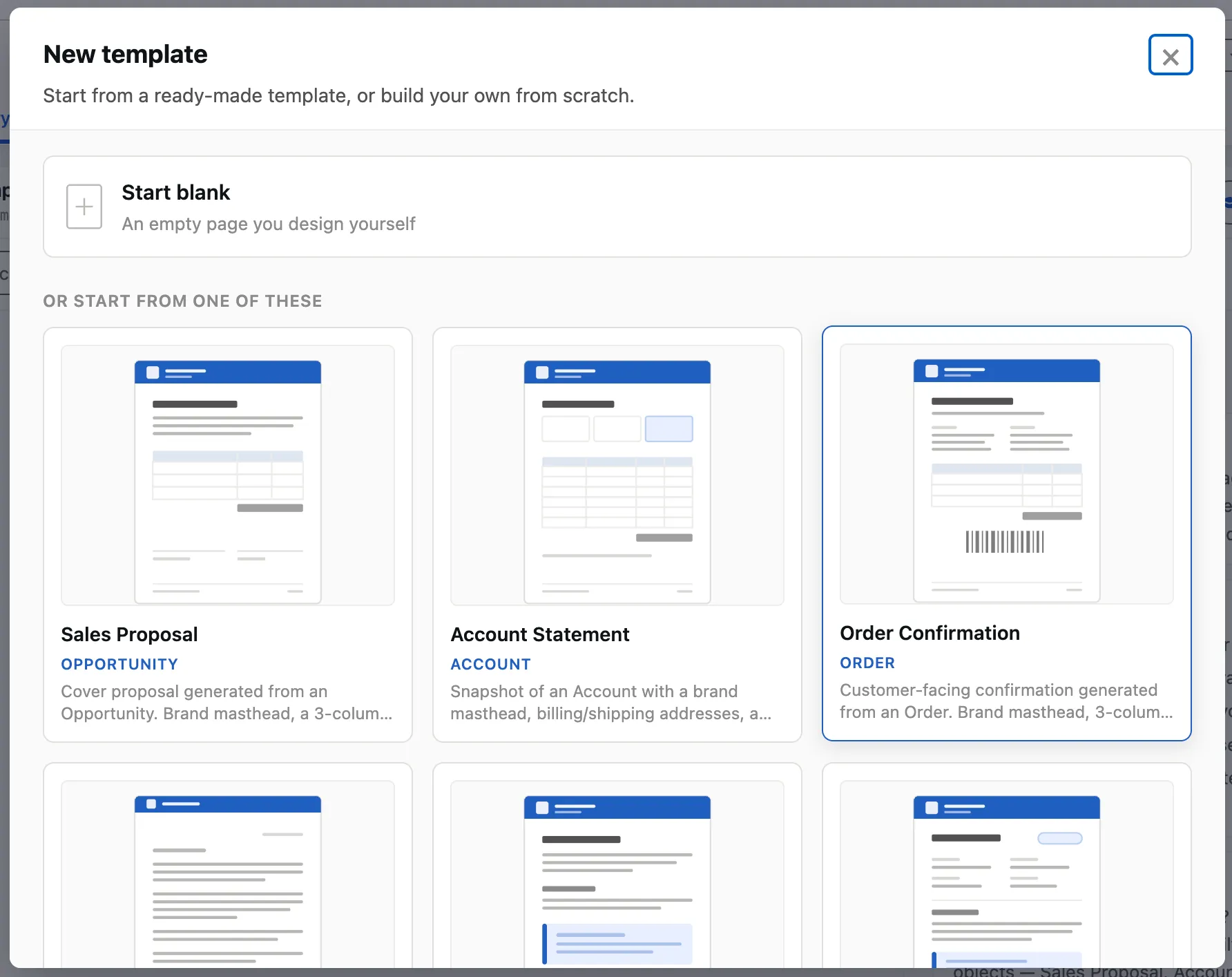 The starter gallery shown when creating a new template