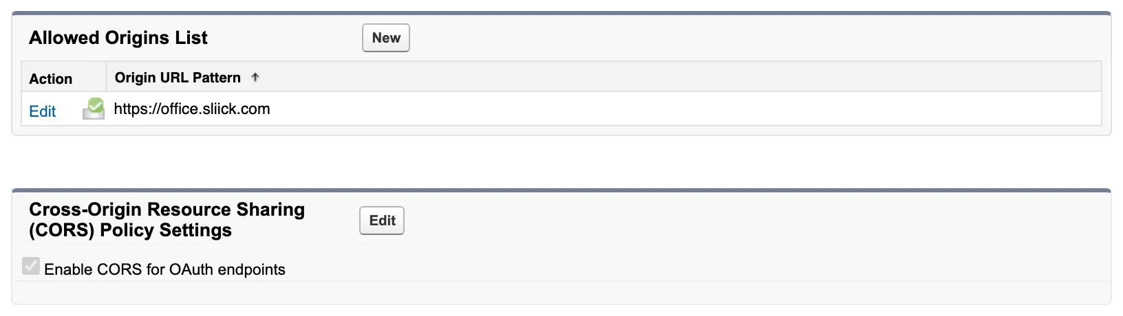 Salesforce CORS setup page with Enable CORS for OAuth endpoints ticked and https://office.sliick.com in the Allowed Origins List