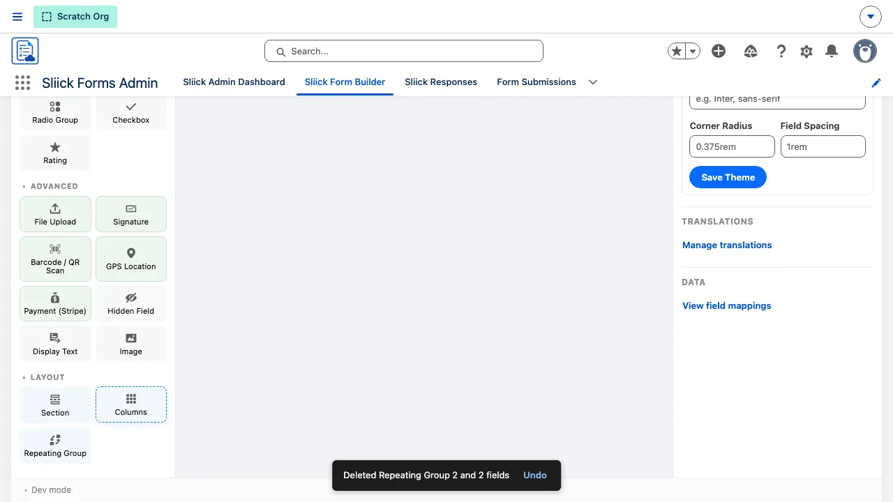 The Sliick Forms builder with a snackbar reading "Deleted Repeating Group 2 and 2 fields" and an Undo button