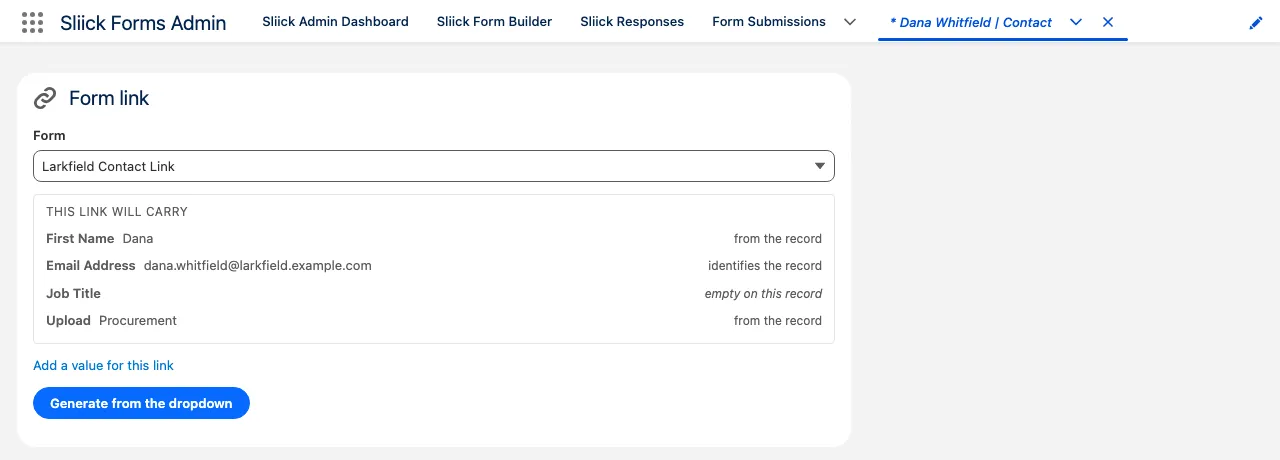 The Form link panel on a Contact record page: a form picker, then a list headed This link will carry, showing each field's value and whether it came from the record, identifies it, or is empty on it