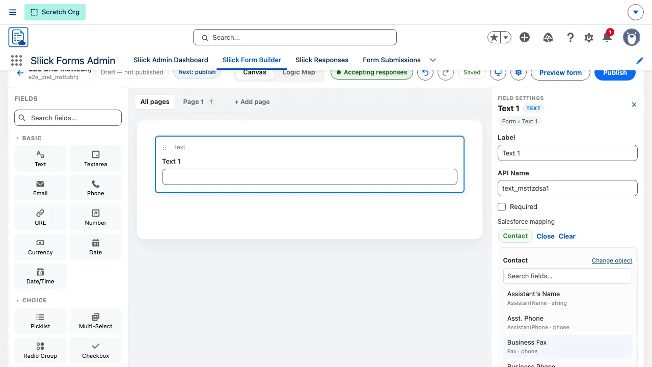 The Sliick Forms builder with the Salesforce mapping picker open in the inspector, showing Contact fields