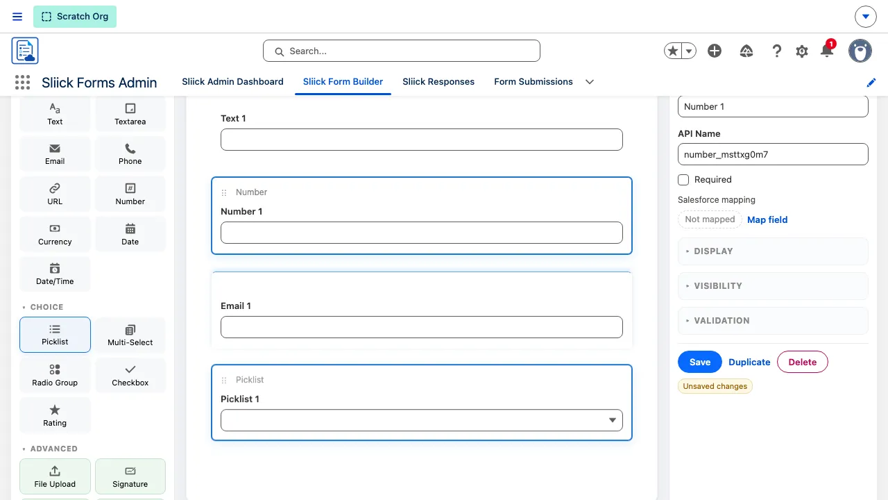The canvas after the drop, with the Number field landed at position two between Text and Email, selected and ready to configure
