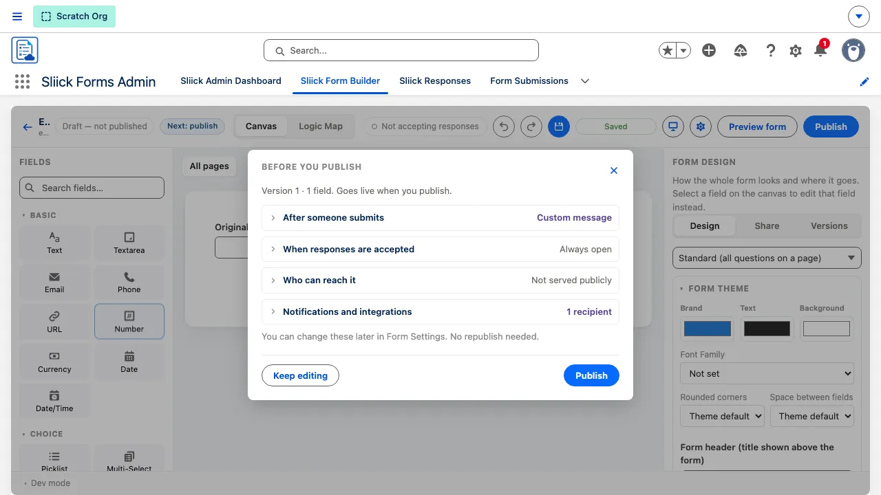 The Before you publish screen, with each setting collapsed to a row stating its current value