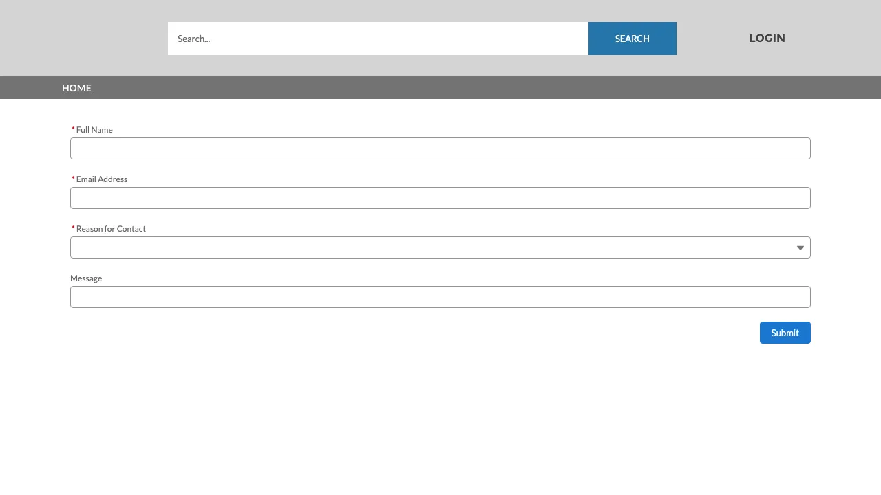 A Sliick form rendered on a public Experience Cloud page, with Full Name, Email Address, Reason for Contact, and Message fields above a Submit button
