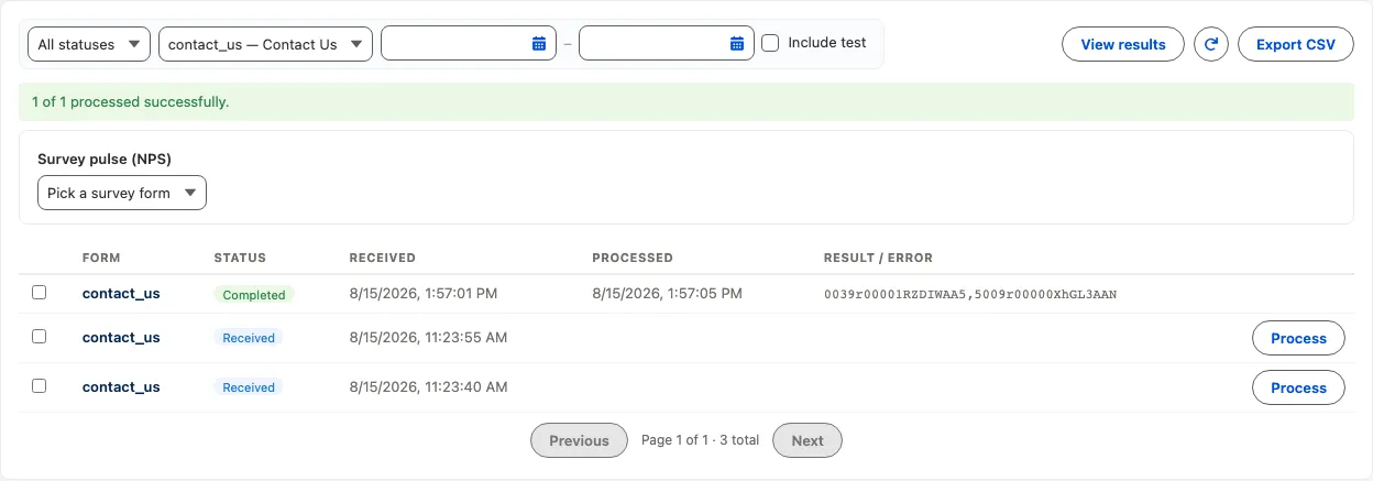 The Sliick Responses console showing filtered submissions with Completed and Received statuses and Process buttons