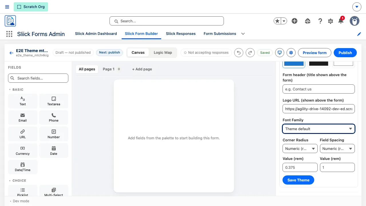 The Form Builder's theme panel, with Corner Radius and Field Spacing as guided numeric controls and a live logo preview