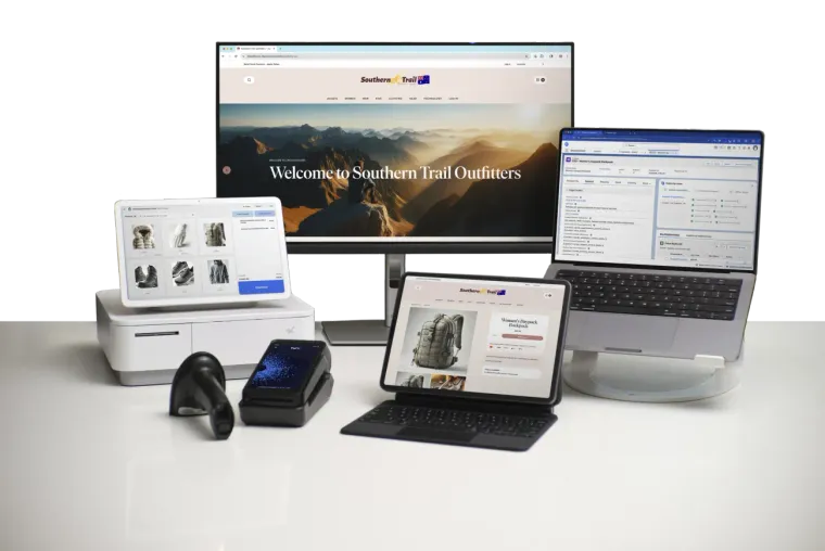 StoreConnect running a storefront, a point-of-sale terminal and Salesforce side by side